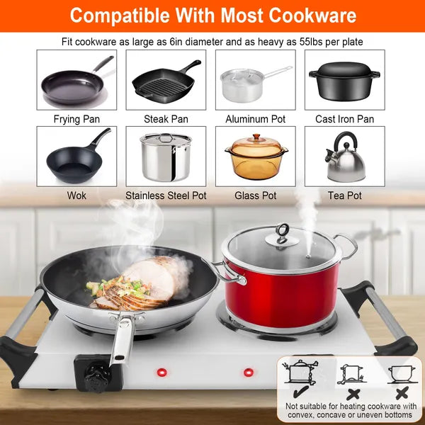 2000W Electric Dual Burner Portable Coil Heating Hot Plate Stove Countertop RV Hotplate With 5 Temperature Adjustments Portable Handles