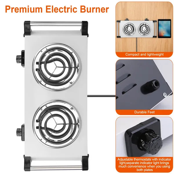 2000W Electric Dual Burner Portable Coil Heating Hot Plate Stove Countertop RV Hotplate With 5 Temperature Adjustments Portable Handles